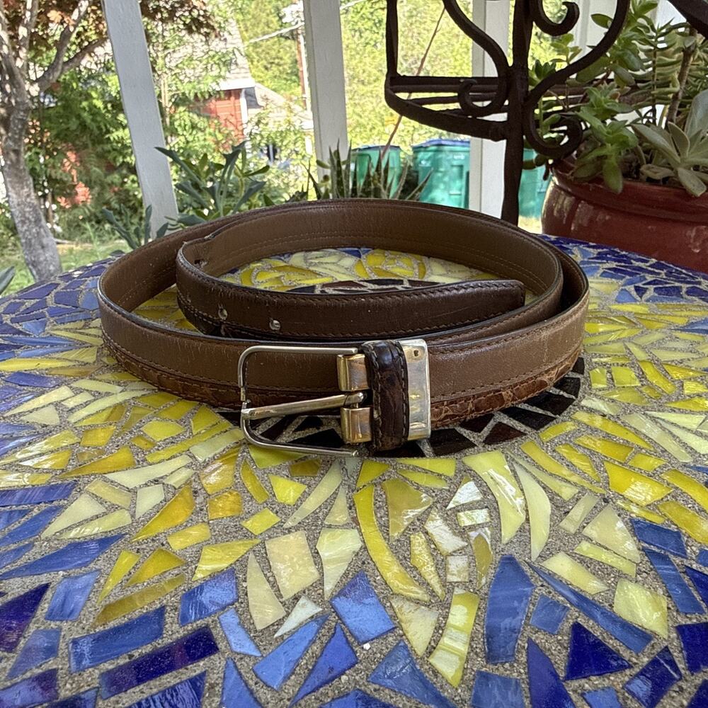 Vintage Italian Leather Belt Genuine Crocodile Trim Luxury Accessory Size 36